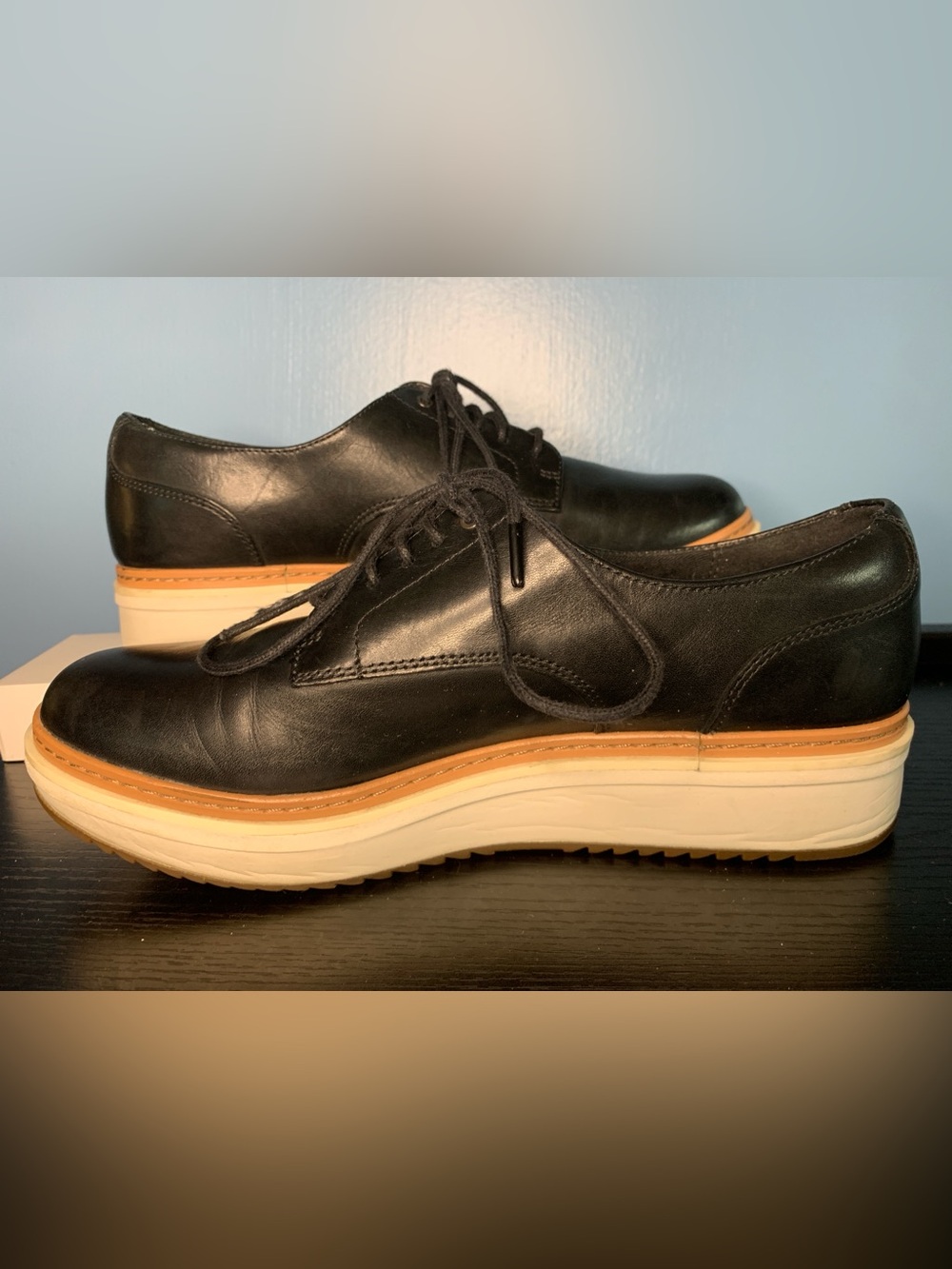 Clarks Black Leather Derby Shoes with Tan Contrast Sole
